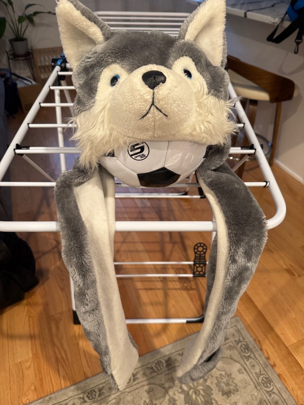 Gray and Cream Plush Wolf Hat with Ear Flaps